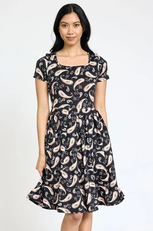 Paisley Short Sleeve Pleated Midi Dress Elegant Puff Sleeve Midi Dress