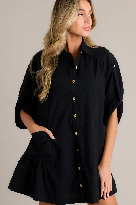 Posh Vision 100% Cotton Black Button Front Mini Dress Stylish Button-Down Mini Dress