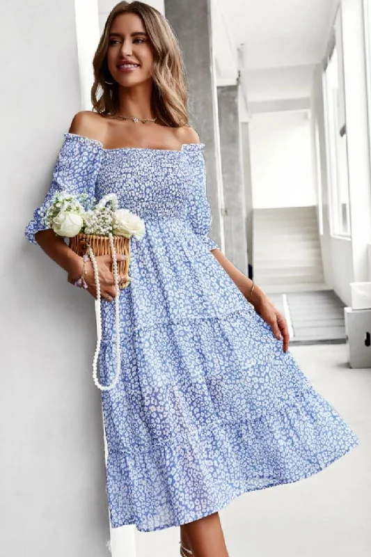 Prairie Off Shoulder Smocked Floral Printed Boho Chic Midi Dress - Blue Stylish Striped Midi Dress