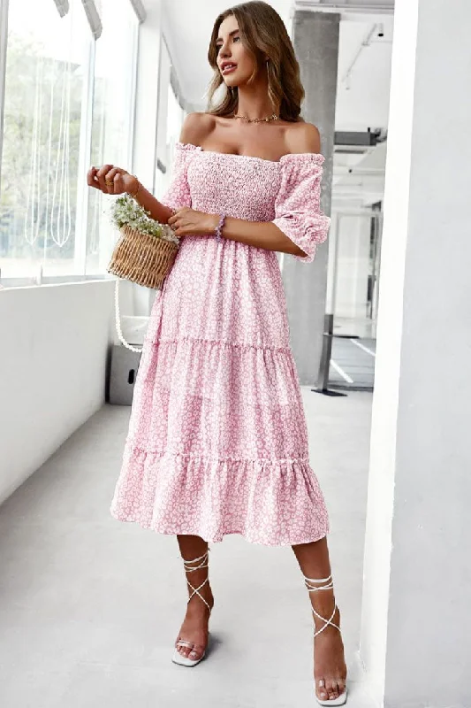 Prairie Off Shoulder Smocked Floral Printed Boho Chic Midi Dress - Pink Trendy Floral Wrap Midi Dress