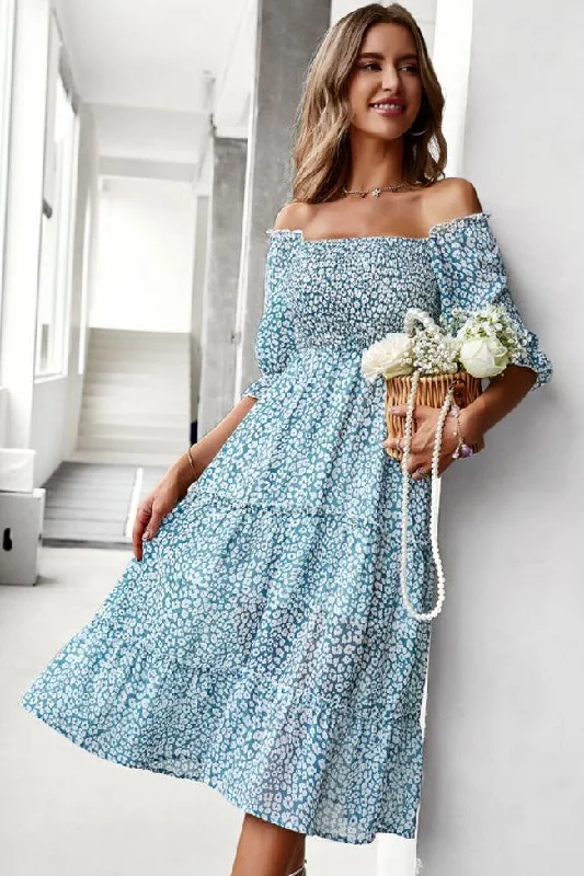 Prairie Off Shoulder Smocked Floral Printed Boho Chic Midi Dress - Teal Fashionable Sheer Sleeve Midi Dress