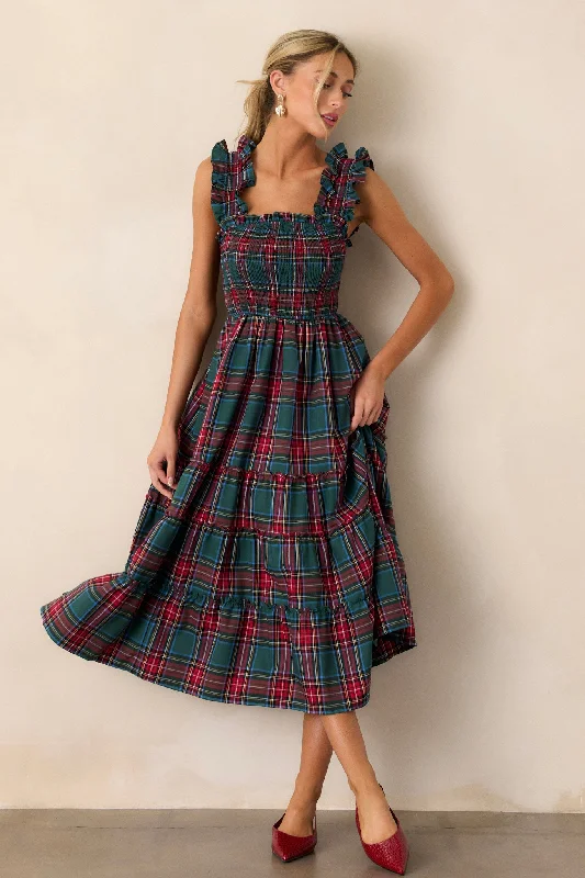 Pride And Joy Green Plaid Midi Dress Trendy Tiered Hem Midi Dress