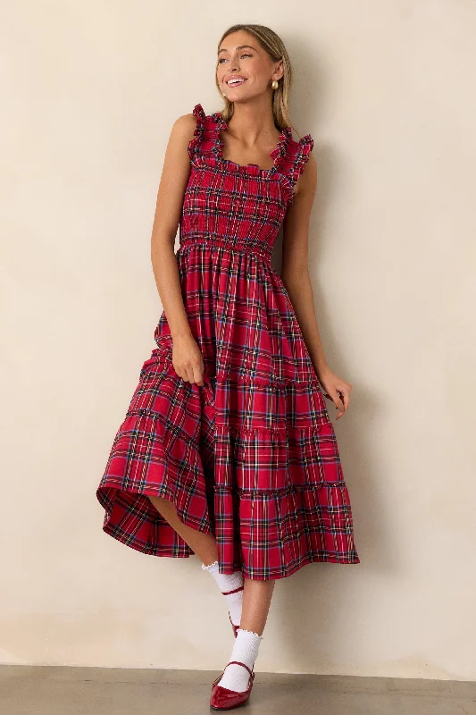 Pride And Joy Red Plaid Midi Dress Stylish Satin Midi Dress