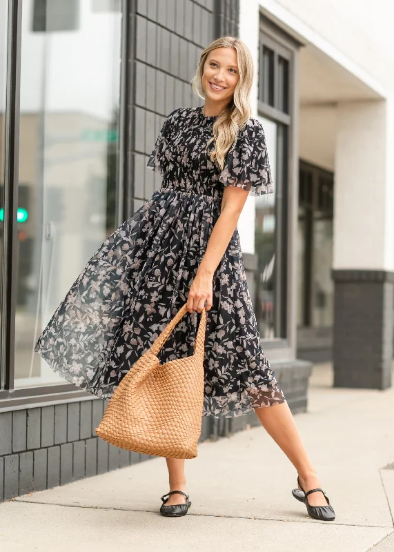 Printed Mesh Smocked Top Midi Dress - FINAL SALE Comfortable Wrap Midi Dress