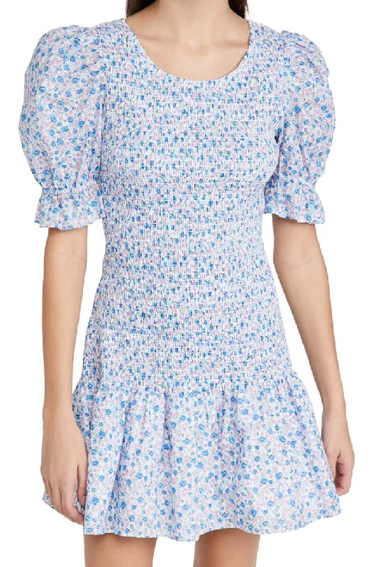 Puff Sleeve Ditsy Floral Smocked Summer Mini Dress - Blue Stylish Sweetheart Mini Dress