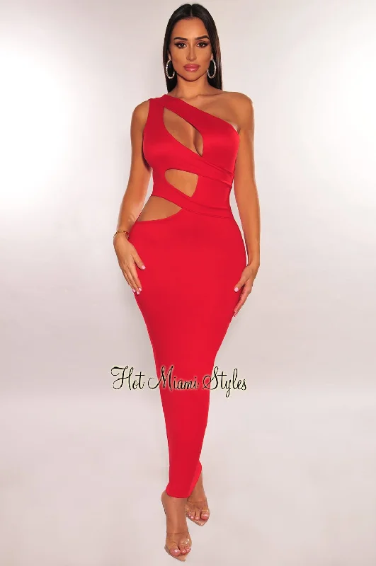 Red One Shoulder Cut Out Midi Dress Elegant Faux Wrap Midi Dress