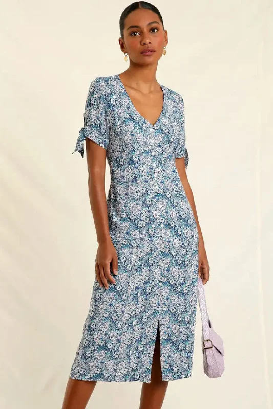 Retro Floral Print Tie Sleeve Button Up French Shirt Midi Dress - Blue Comfortable Geometric Print Midi Dress