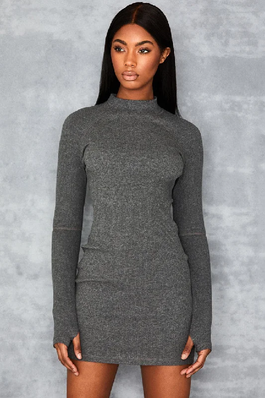 Ribbed High Neck Cut Out Long Sleeve Bodycon Mini Dress -Gray Comfortable Linen Mini Dress