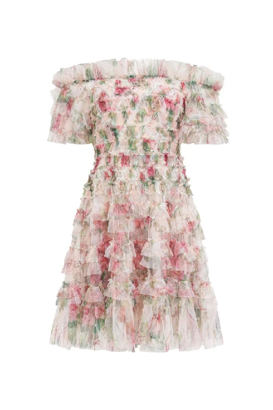 Romantic Floral Printed Off Shoulder Tulle Tiered Ruffle Party Mini Dress Fashionable Mini Dress with Pockets