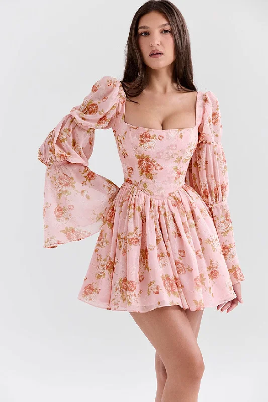 Romantic Floral Square Neck Puff Sleeve Drop Waist Chiffon Party Mini Dress Chic Puff Sleeve Mini Dress