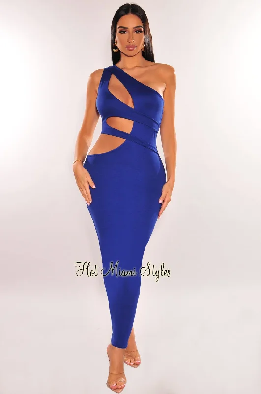 Royal Blue One Shoulder Cut Out Midi Dress Trendy Mock Neck Midi Dress