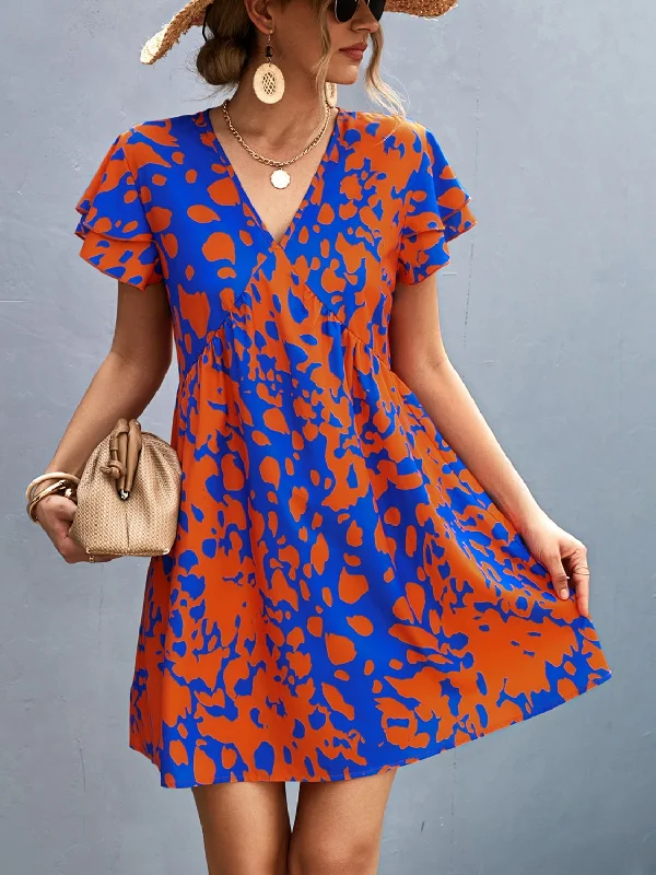 Ruffled Printed V-Neck Short Sleeve Mini Dress in Orange-Red Classic Black Mini Dress