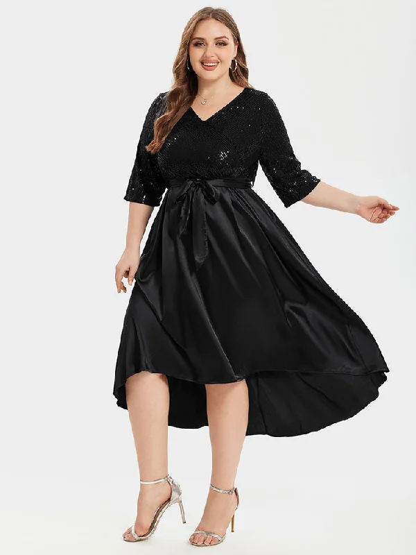 Contrast Sequin Satin Tie Front High Low Midi Dress Classic Black Midi Dress