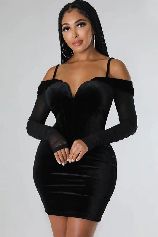 Sexy Deep V Sheer Sleeve Velvet Bodycon Corset Party Mini Dress - Black Casual V-Neck Mini Dress