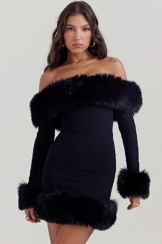 Sexy Faux Fur Off The Shoulder Long Sleeve Winter Bodycon Party Mini Dress - Black Cozy Knit Mini Dress