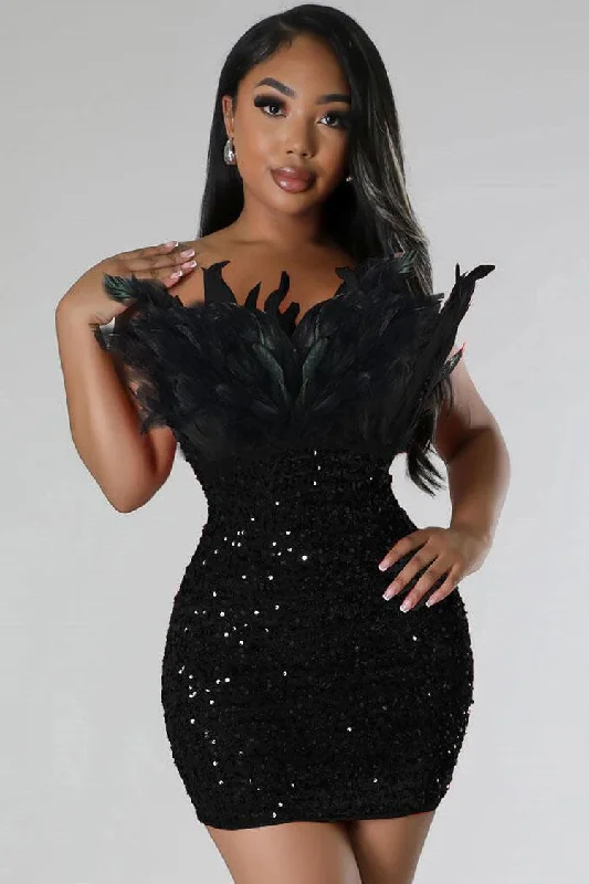 Sexy Feather Trim Strapless Bodycon Velvet Sequin Party Mini Dress - Black Fashionable Denim Mini Dress