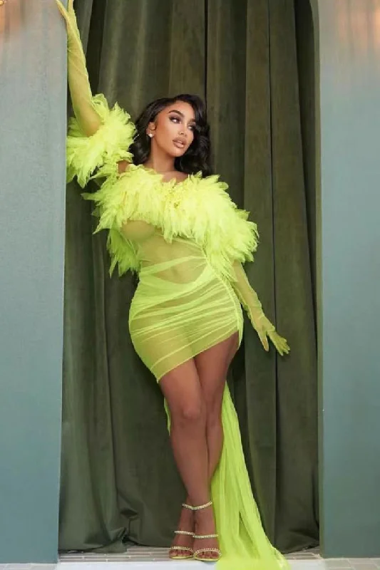 Sexy Gloved Ruffle Off Shoulder Draped Sheer Ruched Mesh Mini Dress - Neon Yellow Comfortable Casual Mini Dress