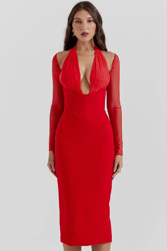 Sexy Halter Deep V Cold Shoulder Long Sleeve Bodycon Cocktail Party Midi Dress - Red Chic Floral Print Midi Dress