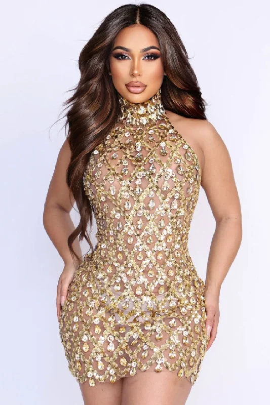 Sexy High Neck Sleeveless Sheer Mesh Rhinestone Sequin Party Mini Dress - Gold Stylish Sweetheart Mini Dress