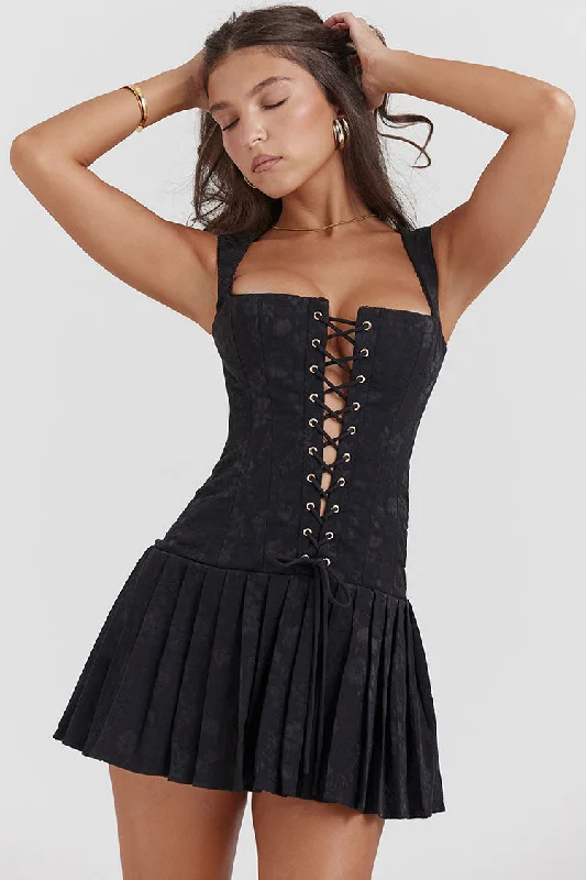 Sexy Lace Up Front Tie Sleeveless Corset Pleated Floral Party Mini Dress - Black Stylish Ruffle Mini Dress