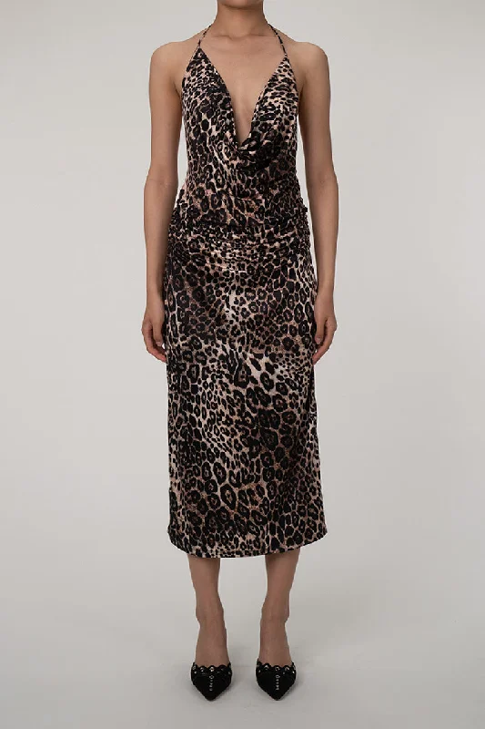 Sexy Leopard Cowl Neck Halter Tie Sleeveless Ruched Cocktail Midi Dress Stylish Pleated Skirt Midi Dress