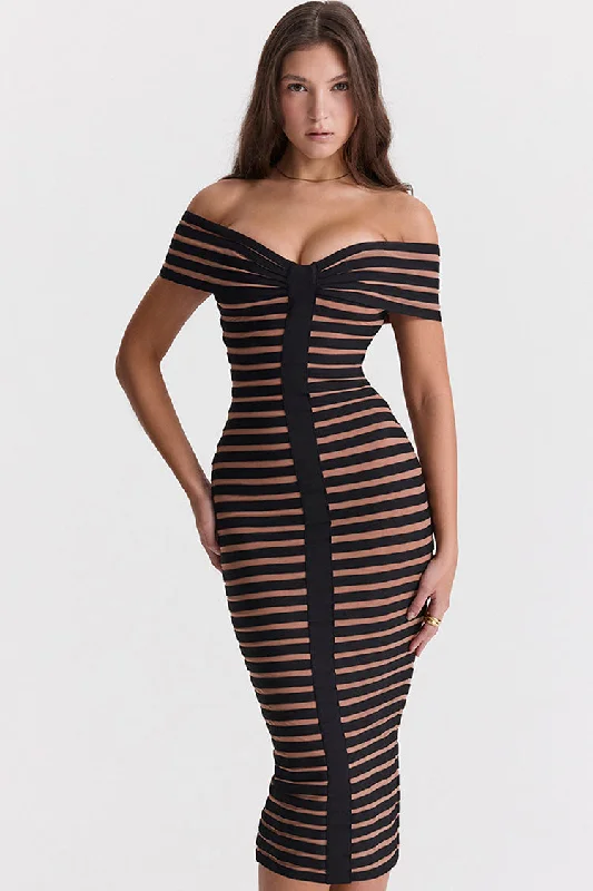 Sexy Off Shoulder Contrast Striped Bandage Cocktail Party Midi Dress - Black Trendy Shift Midi Dress