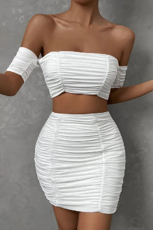 Sexy Off Shoulder Crop Top High Waist Ruched Two Piece Club Mini Dress - White Cozy Satin Mini Dress