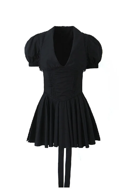 Sexy Plunge Collar Puff Sleeve Drop Waist Pleated Bow Tie Party Mini Dress Cozy Cotton Mini Dress