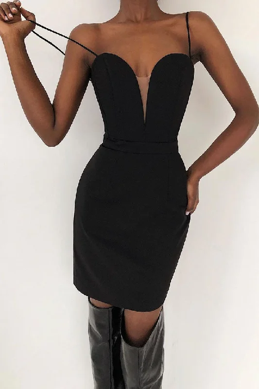 Sexy Sweetheart Deep V Sleeveless Bodycon Bandage Mini Dress - Black Trendy Lace Mini Dress