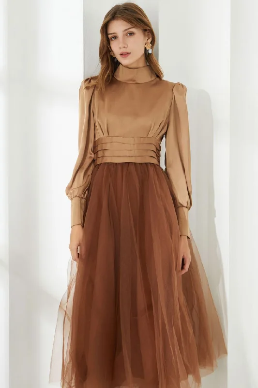 Silky Satin High Neck Long Sleeve High Waist Tulle Cocktail Midi Dress - Khaki Trendy Tiered Hem Midi Dress