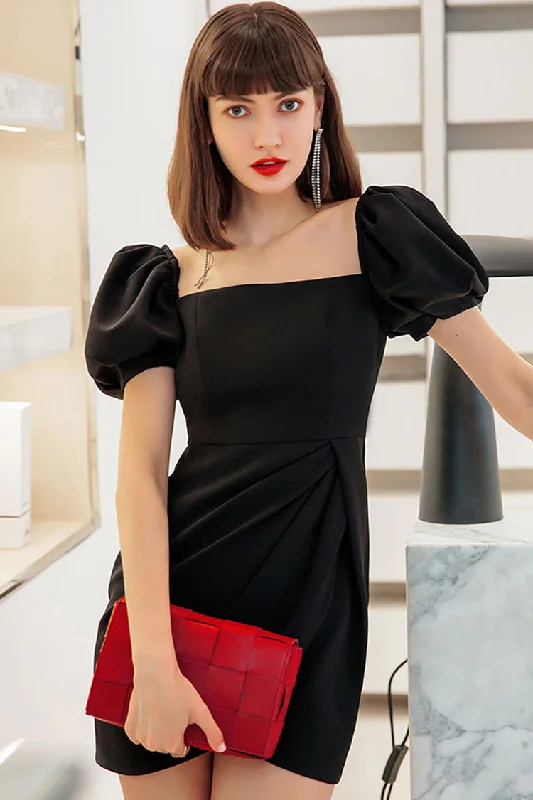 Silky Satin Square Neck Puff Sleeve Pleated Trim Party Mini Dress - Black Cozy Satin Mini Dress