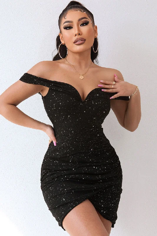 Sparkly Deep V Off The Shoulder Ruched Bodycon Party Mini Dress - Black Stylish Summer Mini Dress