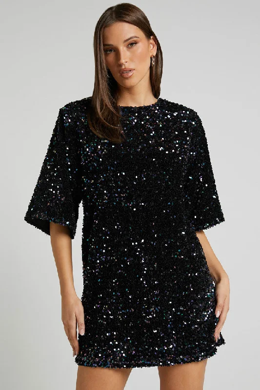 Sparkly Sequin Crew Neck Short Sleeve Oversized Velvet Party Mini Dress - Black Stylish Button-Down Mini Dress