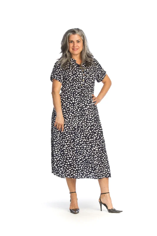 Spotted Midi Dress with Drawstring - Size Medium Classic Black Midi Dress