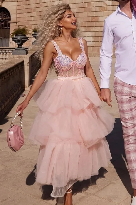 Stunning Off Shoulder Bustier Sheer Corset Layered Tulle Cocktail Midi Dress - Pink Elegant V-Neck Midi Dress