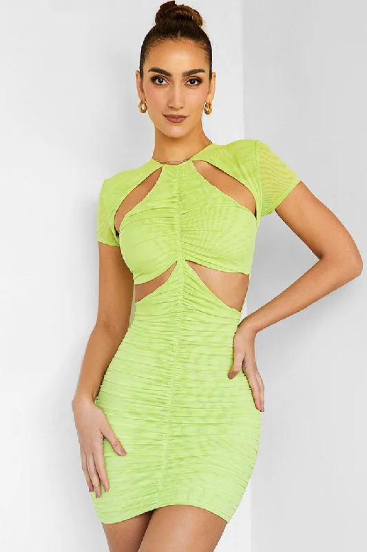 Stylish Short Sleeve Bodycon Ruched Cutout Club Mini Dress - Green Elegant Satin Lace Mini Dress