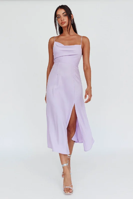 Suki Front Split Midi Dress Lilac Elegant Satin Midi Dress