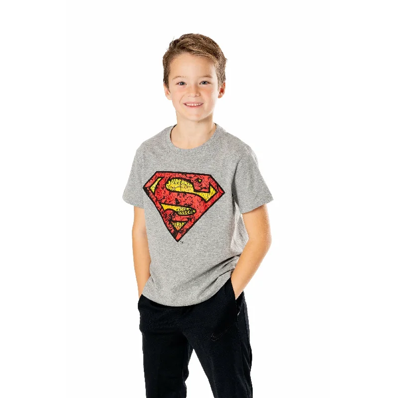 Superman Kids Grey Marl Comicstrip Logo T-Shirt DC Welt Pockets Slit Pockets Flap Pockets