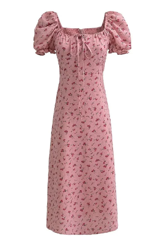 Sweet Bow Tie Square Neck Puff Sleeve Cotton Seersucker Floral Midi Dress Cozy Spaghetti Strap Midi Dress