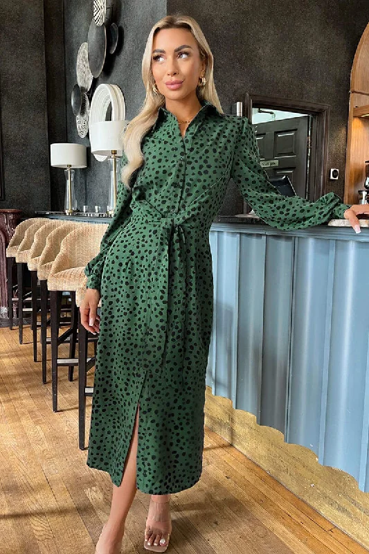 Teal Printed Tie Waist Button Front Shirt Midi Dress Fashionable Chiffon Midi Dress