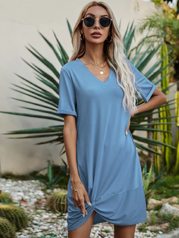 Blue Zone Planet |  V-Neck Short Sleeve Mini Dress Casual Button-Up Mini Dress