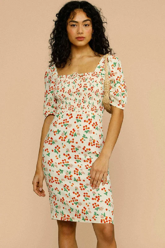 Vintage Cherry Print Puff Sleeve French Printed Midi Dress - Cream Fashionable Casual Midi Dress