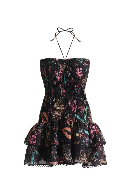 Vintage Halter Tie Scalloped Strapless Smocked Ruffle Floral Print Mini Dress Trendy Mini Dress with Belt