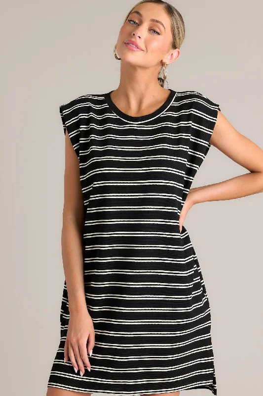 Vintage Voyage Black Stripe Cap Sleeve Mini Dress Comfortable Smocked Mini Dress