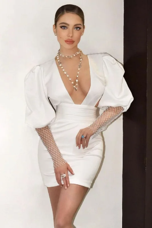 White Puff Sleeve Bodycon Mini Dress Stylish Puff Sleeve Mini Dress