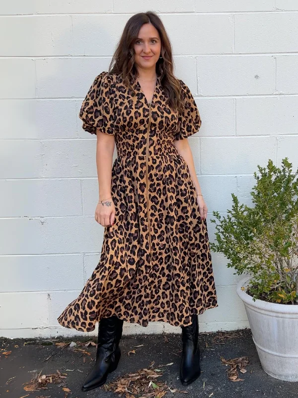 Wild Card Leopard V-Neck Midi Dress Trendy Square Neck Midi Dress