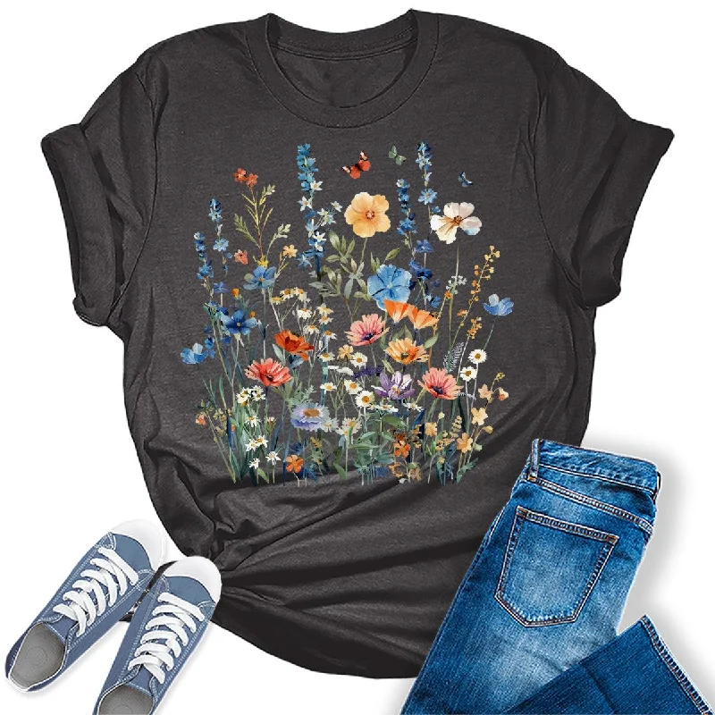 Wildflower Summer Floral Graphic Tees For Women Embroidered Appliqued Beaded