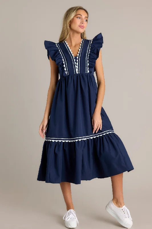 Wishful Thinking Navy Flutter Sleeve Midi Dress Comfortable Wrap Midi Dress