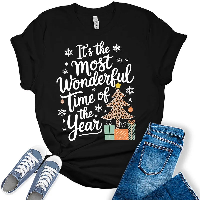 Women's Most Wonderful Time of The Year Plaid Christmas Graphic Tees Houndstooth Herringbone Solid