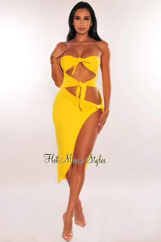 Yellow Strapless Tie Up Cut Out Slit Midi Dress Trendy Tiered Hem Midi Dress